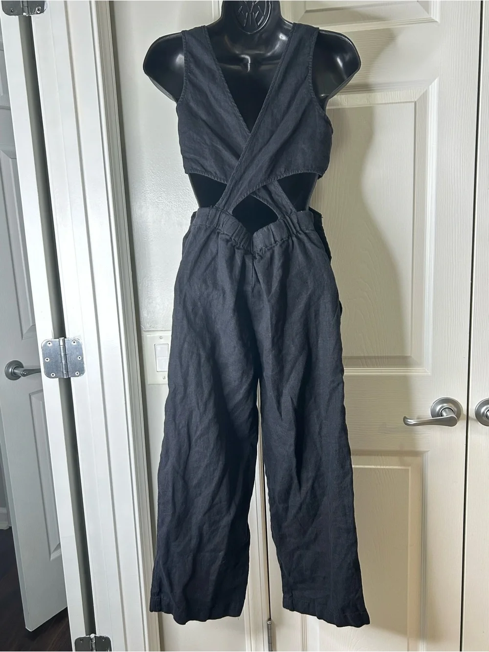 Zara Black Linen Blend Cut Out Wide Leg Jumpsuit w/ Pockets Size 13-14